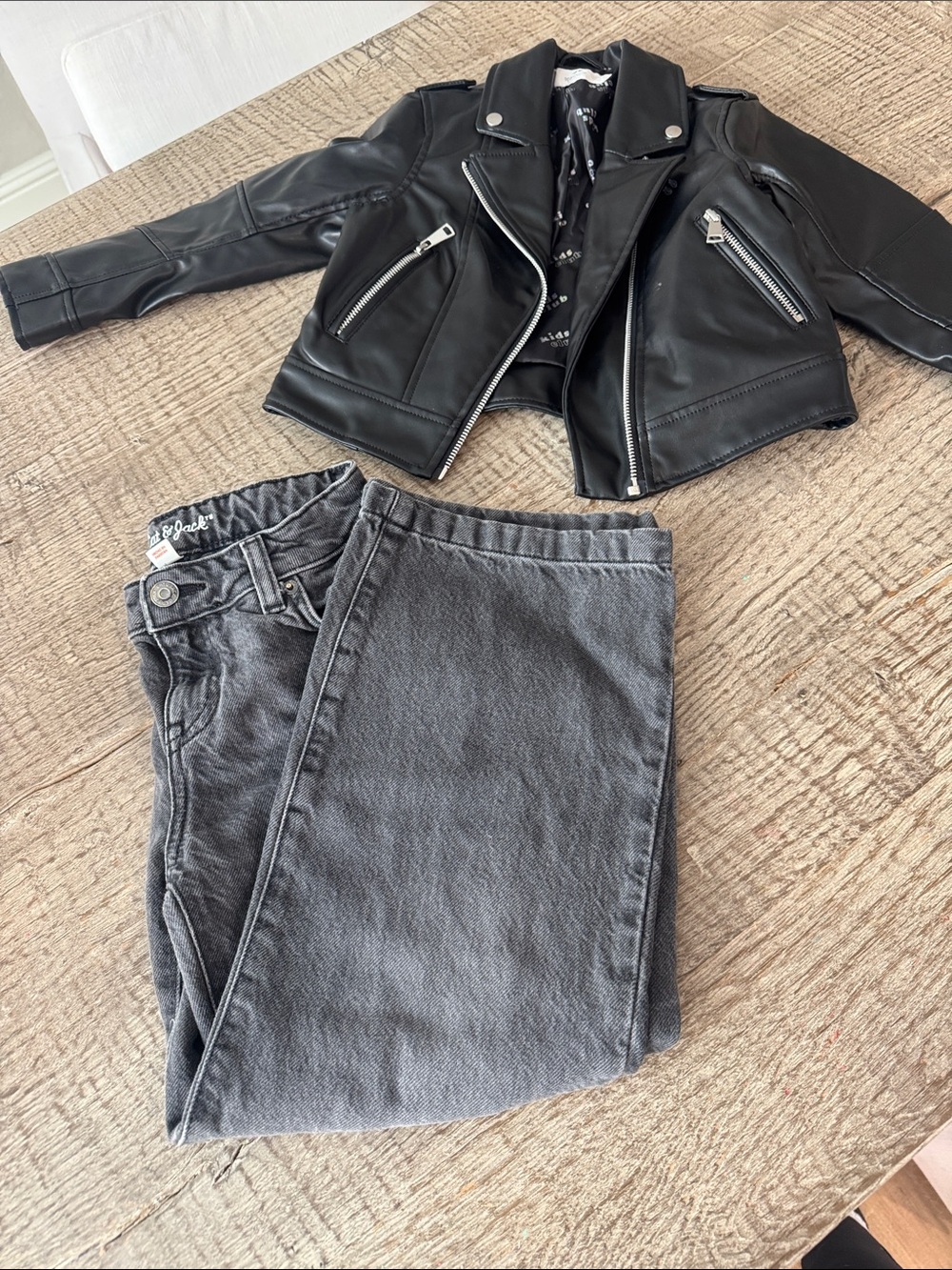 Girls 6/7 H&M Black Faux Leather Moto Jacket 6 with Cat & Jack 7 wide leg jeans